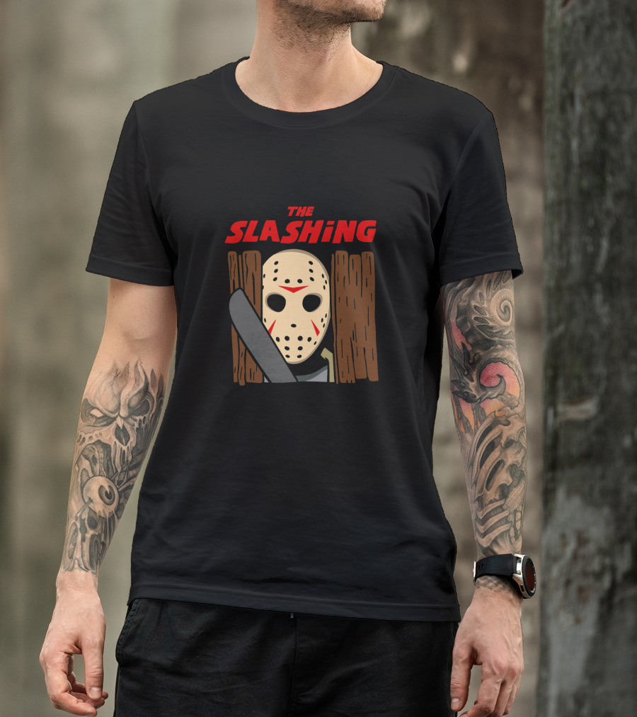 THE SLASHING Hockey Mask Horror Machete Behind Fence T-Shirt