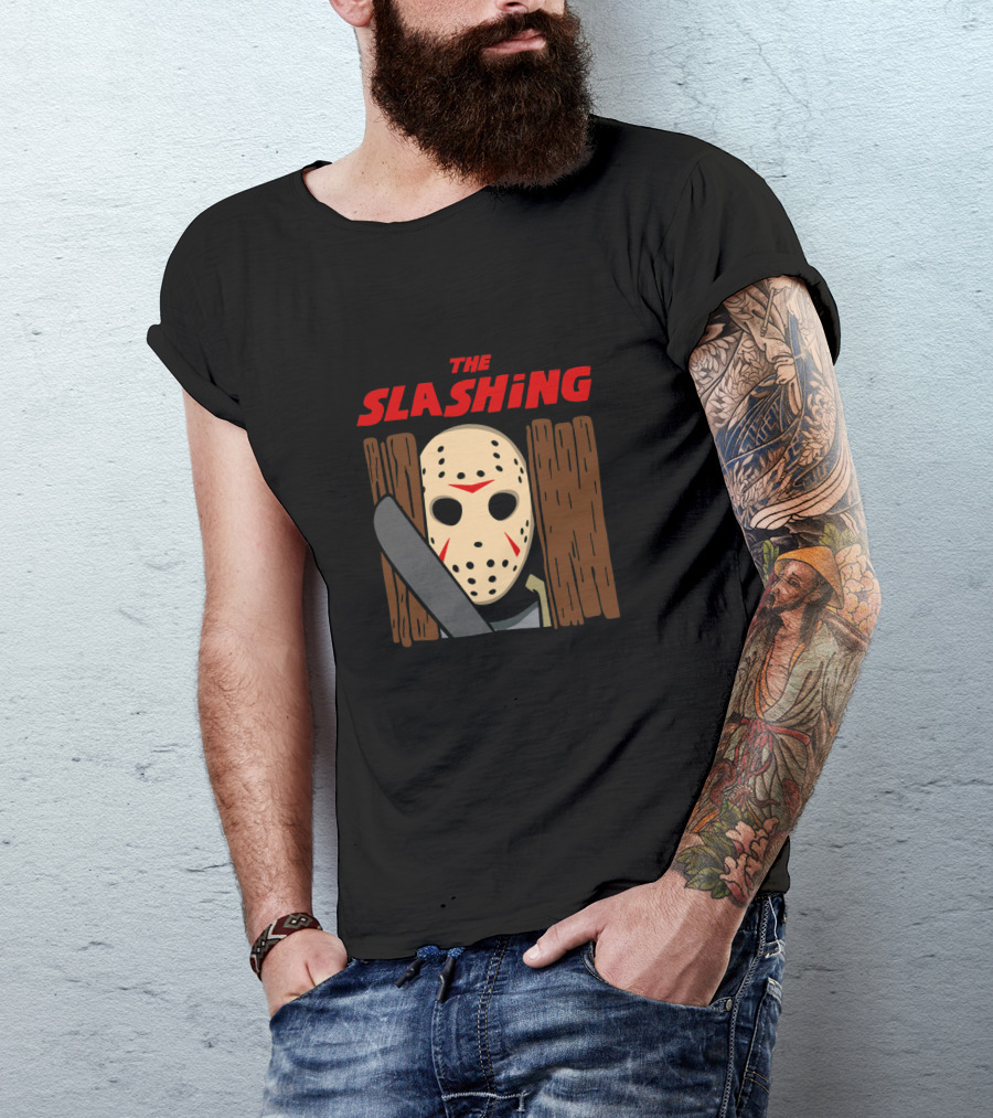 THE SLASHING Hockey Mask Horror Machete Behind Fence T-Shirt