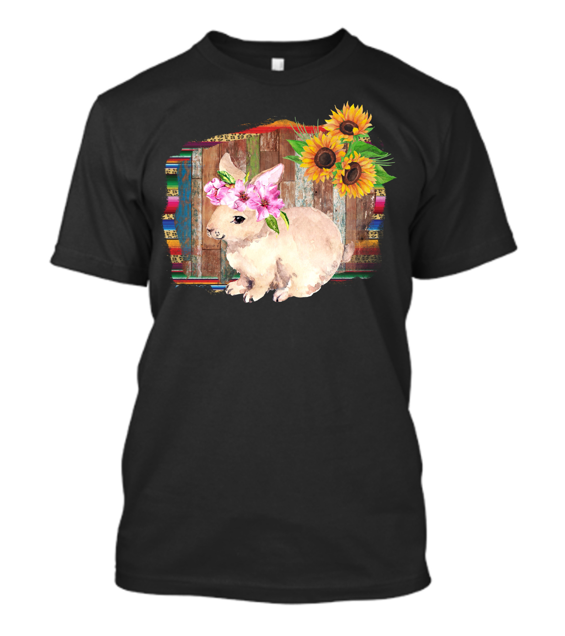 Easter Bunny Watercolor Floral Headband Sunflower Rustic Wood Background T-Shirt