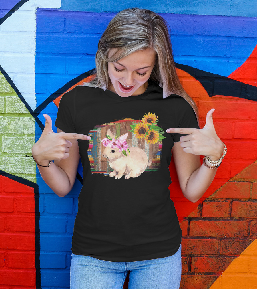 Easter Bunny Watercolor Floral Headband Sunflower Rustic Wood Background T-Shirt