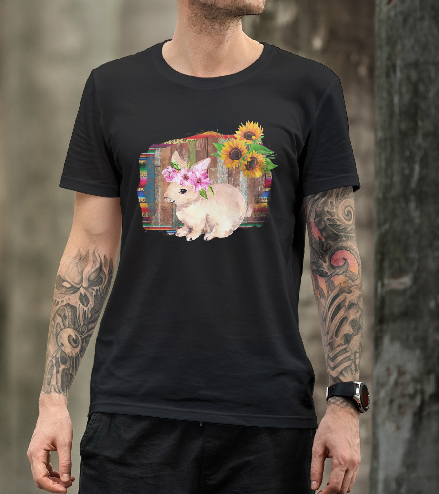 Easter Bunny Watercolor Floral Headband Sunflower Rustic Wood Background T-Shirt