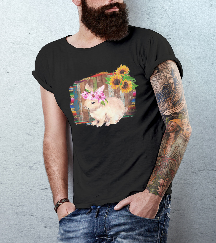 Easter Bunny Watercolor Floral Headband Sunflower Rustic Wood Background T-Shirt