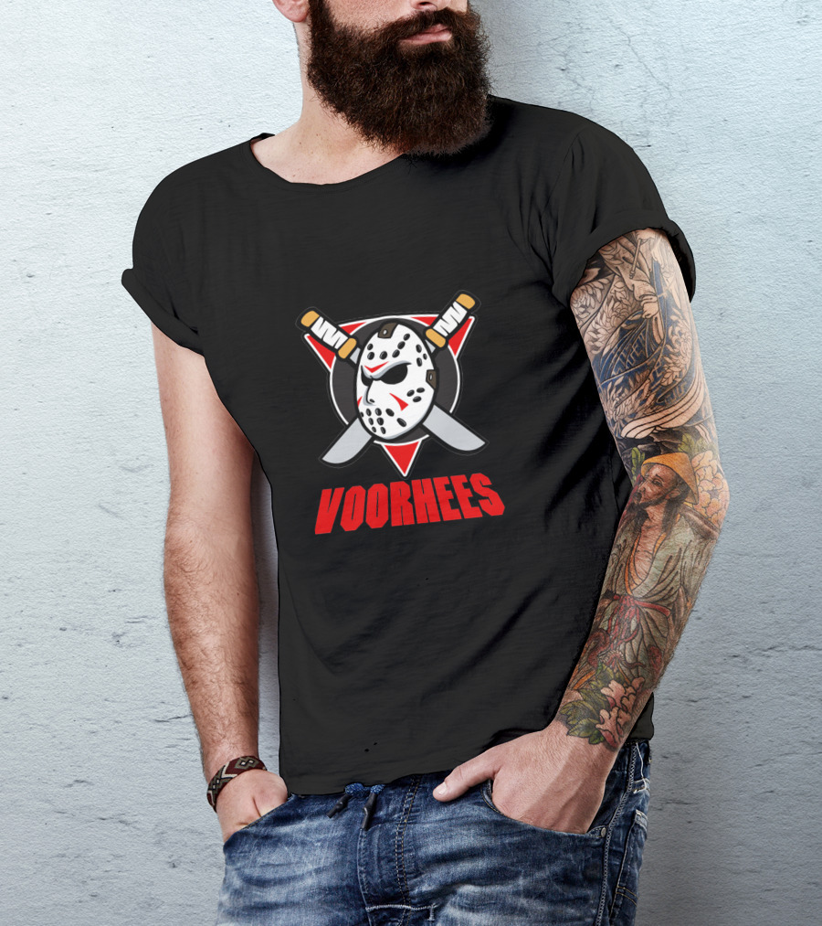 Voorhees Hockey Mask Crossed Machetes Badge T-Shirt