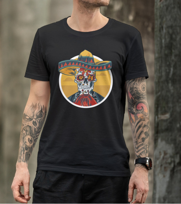 5 De Mayo Sombrero Skull With Floral Sugar Skull T-Shirt