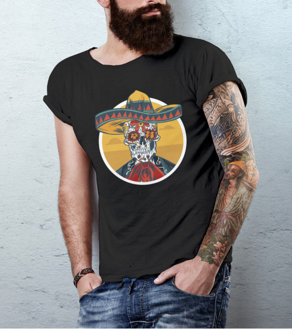 5 De Mayo Sombrero Skull With Floral Sugar Skull T-Shirt