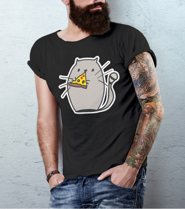 Cat Eating Pizza Slice Icon With Whiskers And Tail T-Shirt