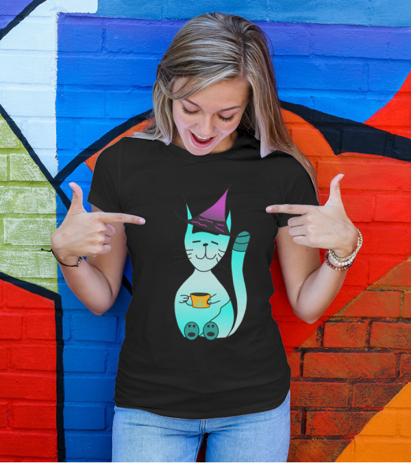 Witch Cat With Coffee Cup And Purple Hat T-Shirt