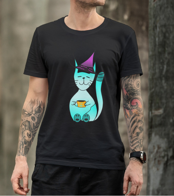 Witch Cat With Coffee Cup And Purple Hat T-Shirt