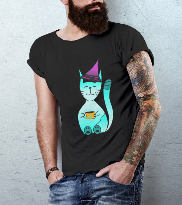 Witch Cat With Coffee Cup And Purple Hat T-Shirt