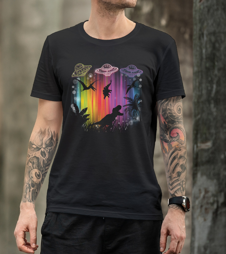 UFO Dinosaur Jungle Silhouettes With Neon Spacecraft And Tropical Background T-Shirt