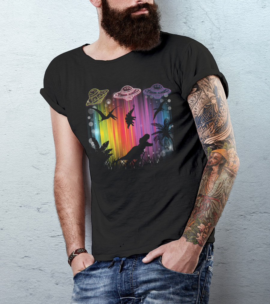 UFO Dinosaur Jungle Silhouettes With Neon Spacecraft And Tropical Background T-Shirt