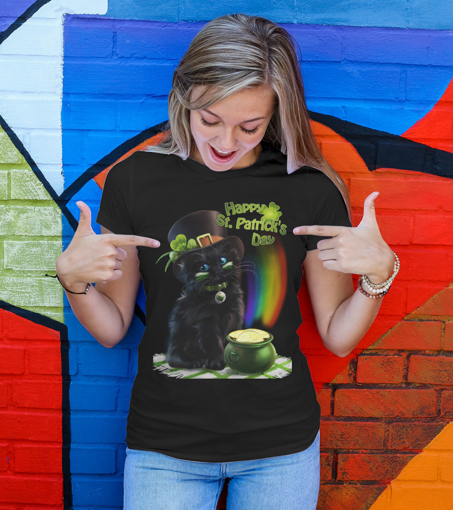 Happy St. Patrick's Day Black Cat With Pot Of Gold And Rainbow T-Shirt