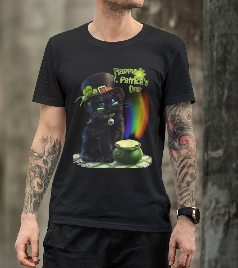 Happy St. Patrick's Day Black Cat With Pot Of Gold And Rainbow T-Shirt