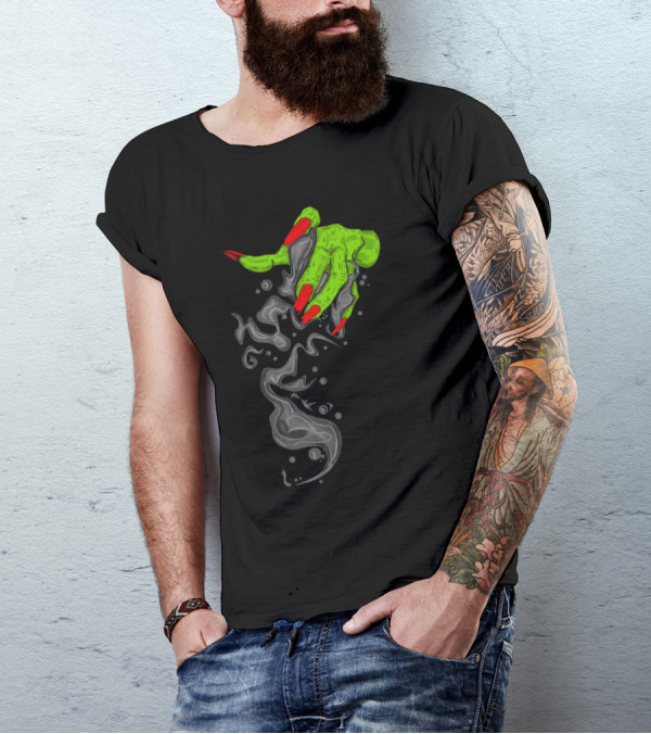 Green Hand With Red Nails And Grey Smoke T-Shirt