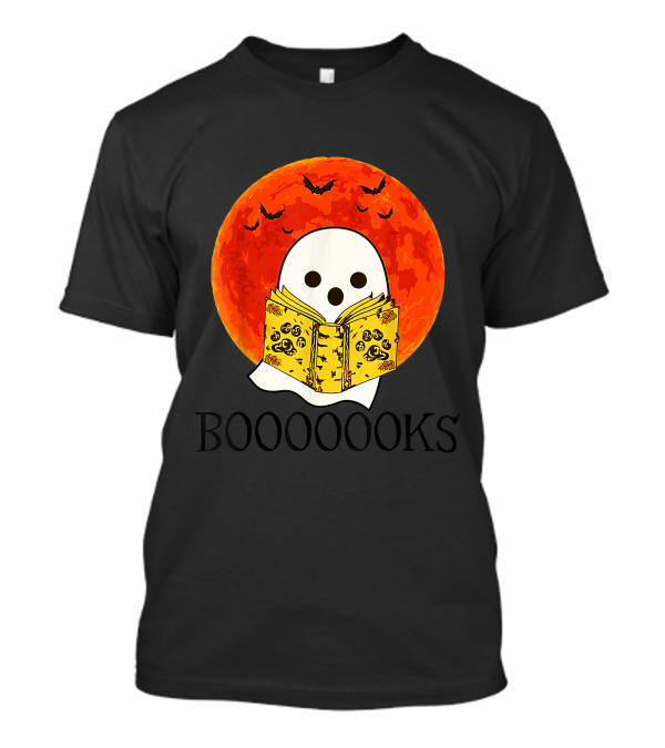 Booooooks Halloween Ghost Reading By Full Orange Moon With Bats T-Shirt