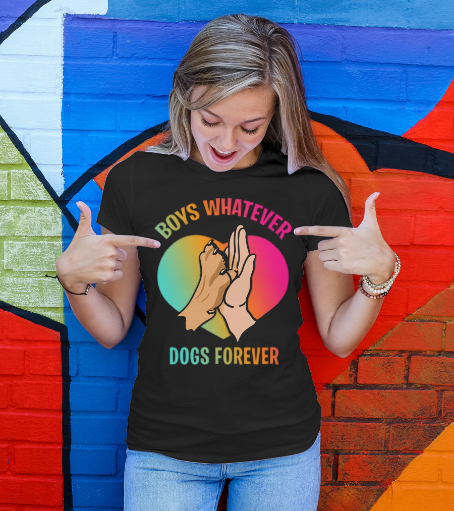 BOYS WHATEVER DOGS FOREVER Rainbow Paw Hand Heart T-Shirt