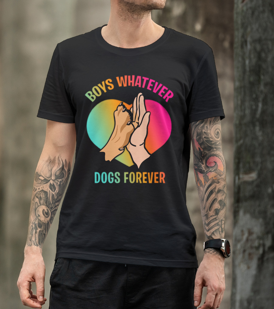 BOYS WHATEVER DOGS FOREVER Rainbow Paw Hand Heart T-Shirt