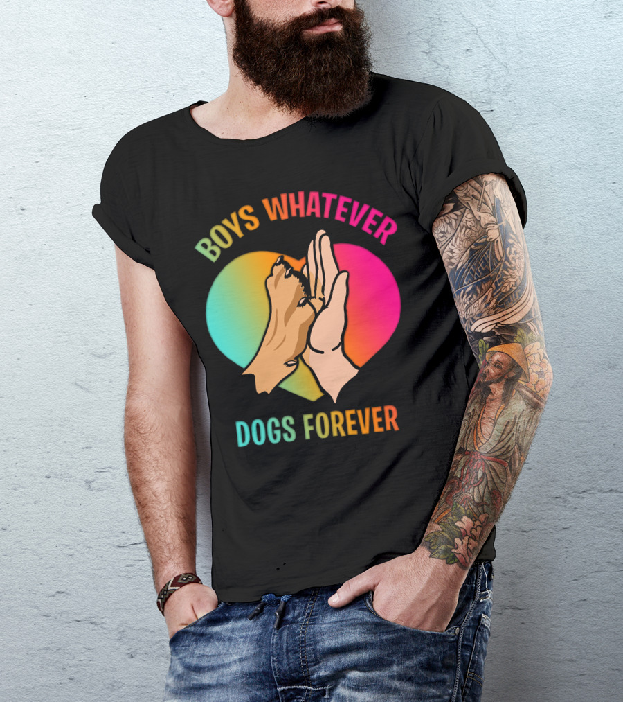 BOYS WHATEVER DOGS FOREVER Rainbow Paw Hand Heart T-Shirt