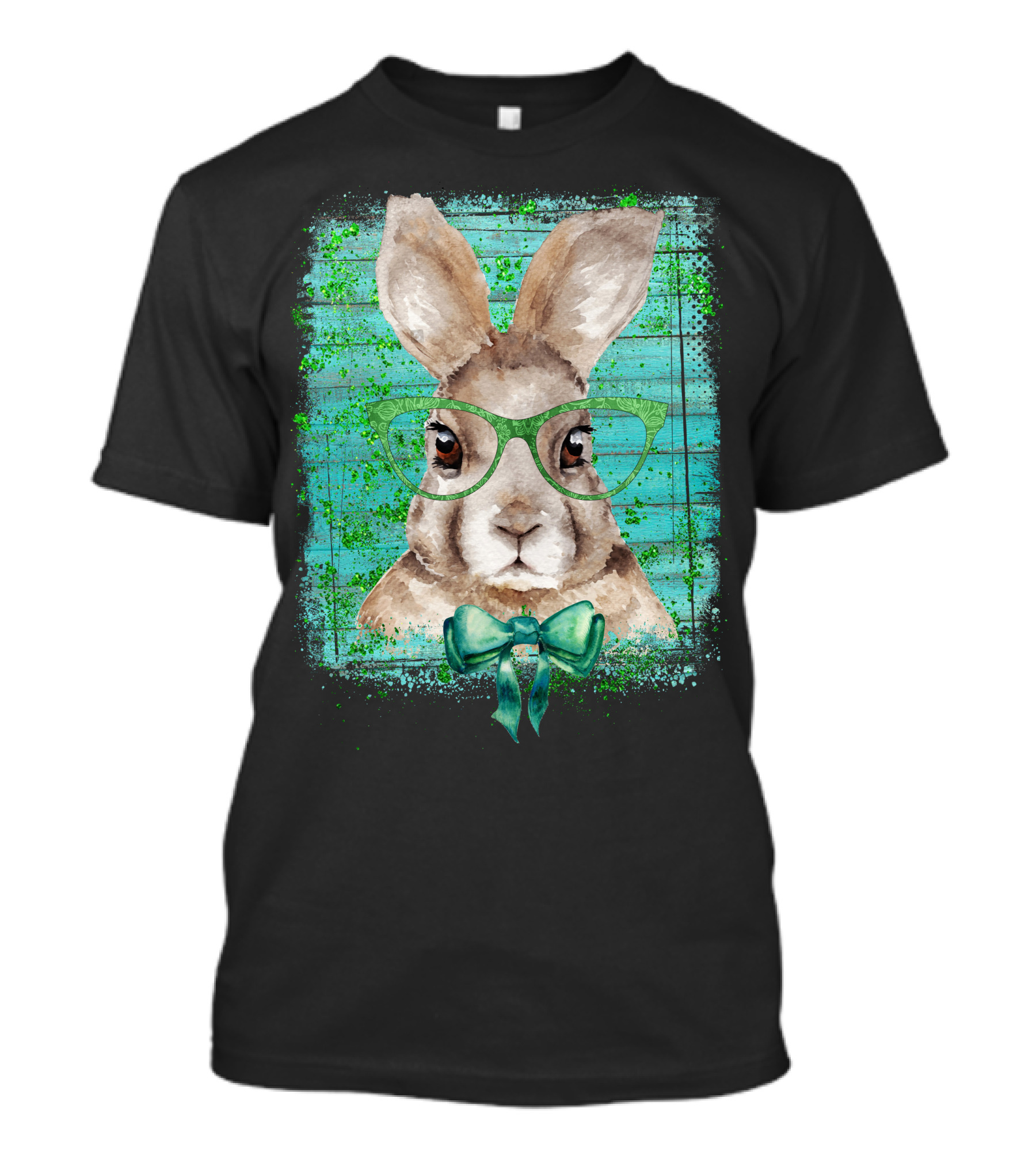 Bunny With Green Glasses And Bow Tie On Teal Background T-Shirt