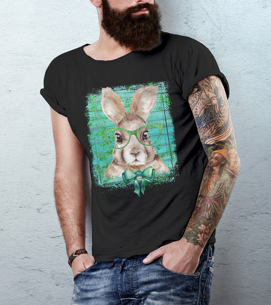 Bunny With Green Glasses And Bow Tie On Teal Background T-Shirt