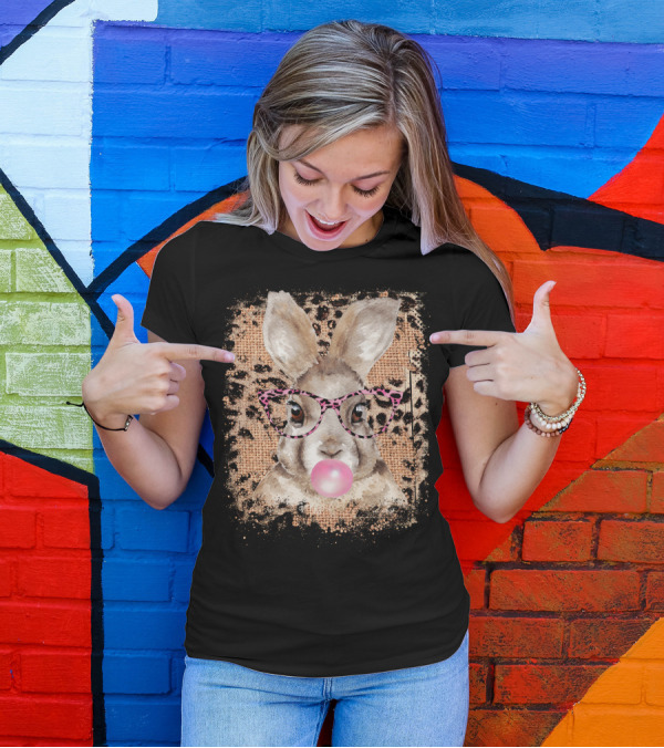 Bunny With Pink Glasses Leopard Print Bubblegum T-Shirt