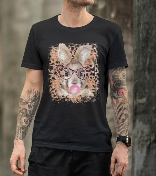 Bunny With Pink Glasses Leopard Print Bubblegum T-Shirt