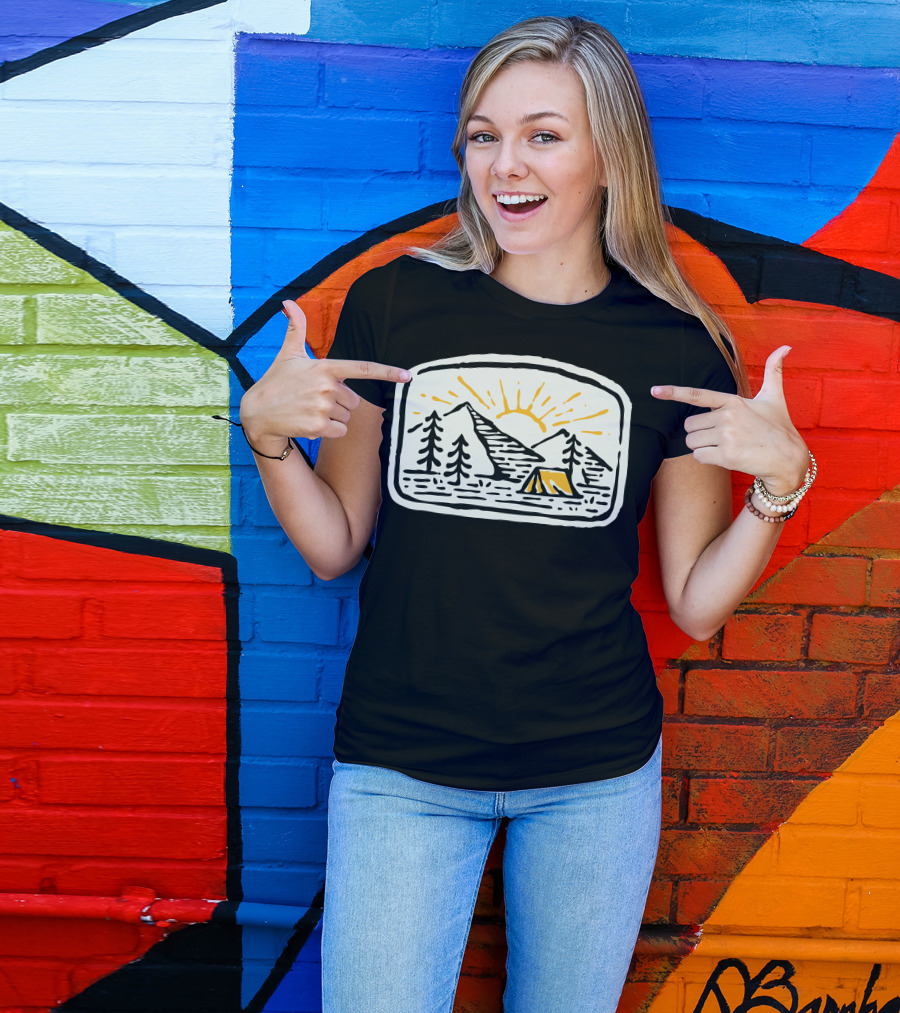 Camp Hand Drawn Sun Over Mountains And Tent T-Shirt