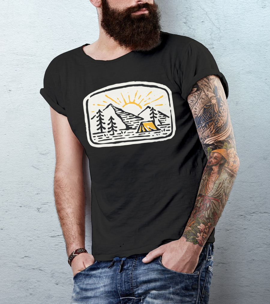 Camp Hand Drawn Sun Over Mountains And Tent T-Shirt