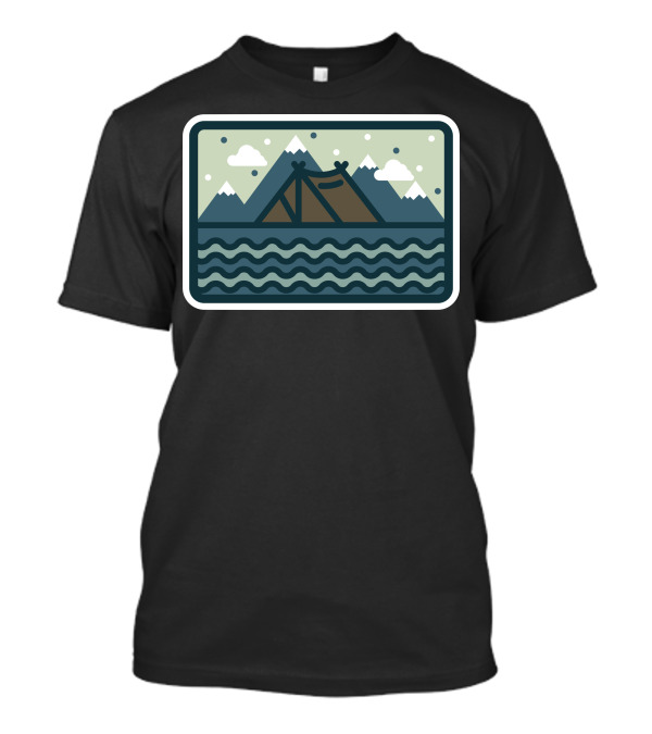 Camp Mountain Beach View Tent By The Water And Mountains With Clouds In The Sky T-Shirt