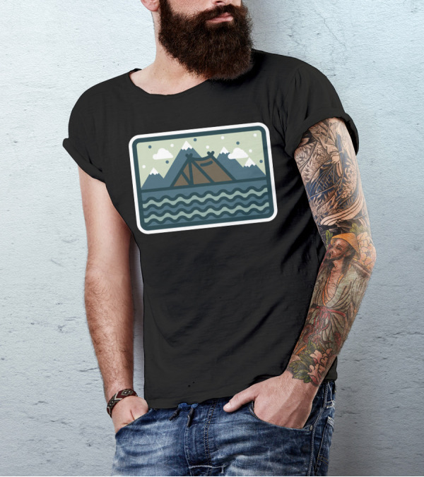 Camp Mountain Beach View Tent By The Water And Mountains With Clouds In The Sky T-Shirt