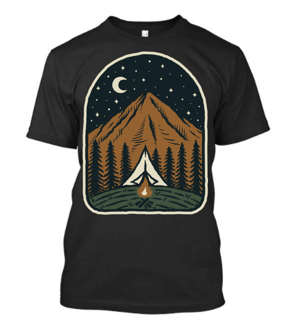 Campfire Under Starry Mountain Night With Moon And Tent In Woods T-Shirt