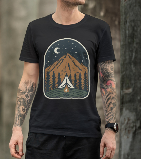 Campfire Under Starry Mountain Night With Moon And Tent In Woods T-Shirt