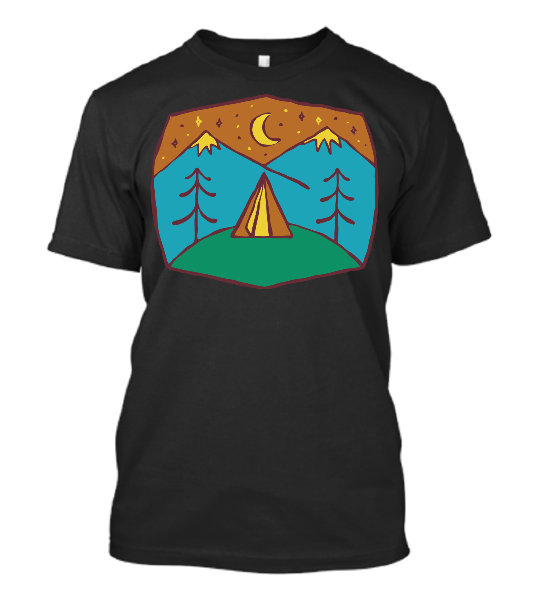 Camp Night Under Crescent Moon With Mountains And Trees T-Shirt