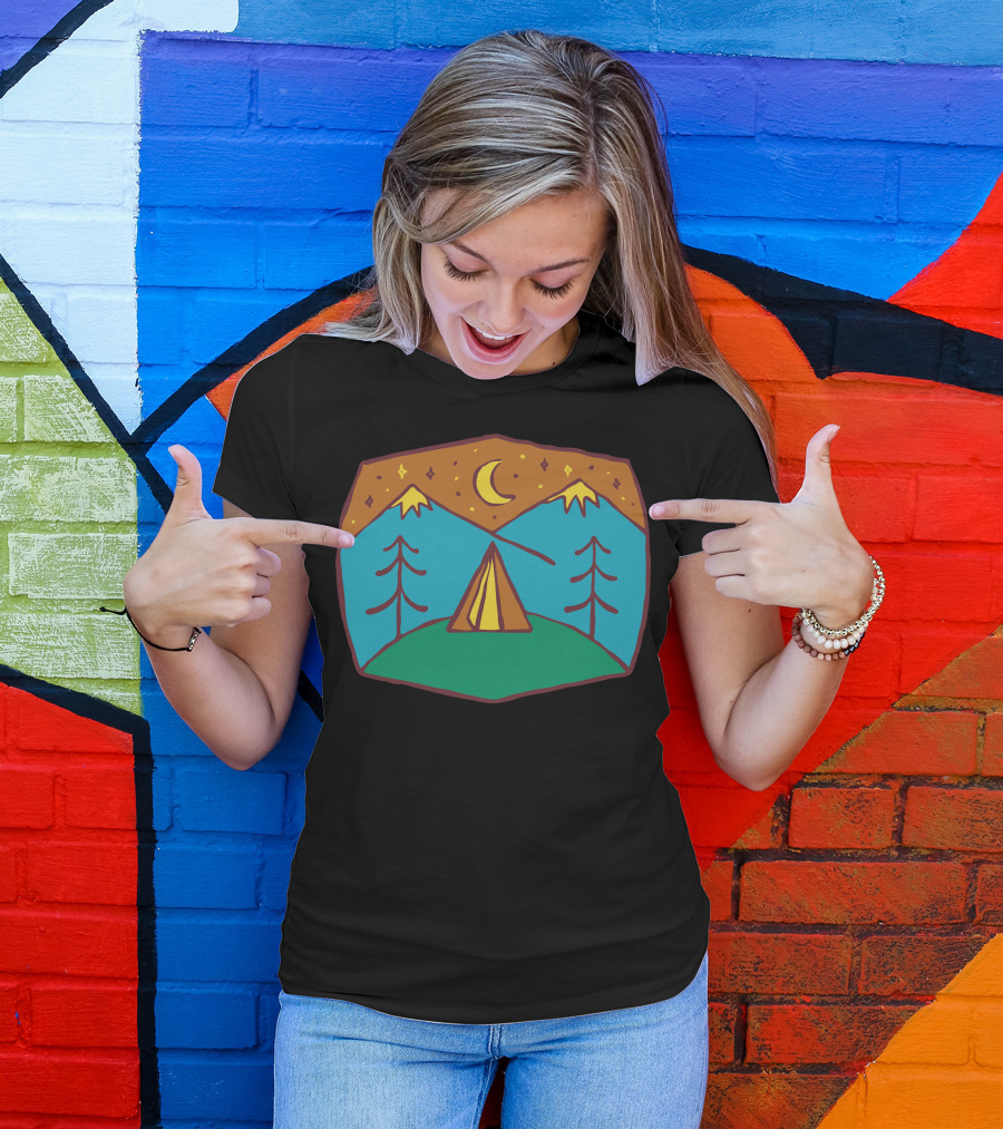 Camp Night Under Crescent Moon With Mountains And Trees T-Shirt