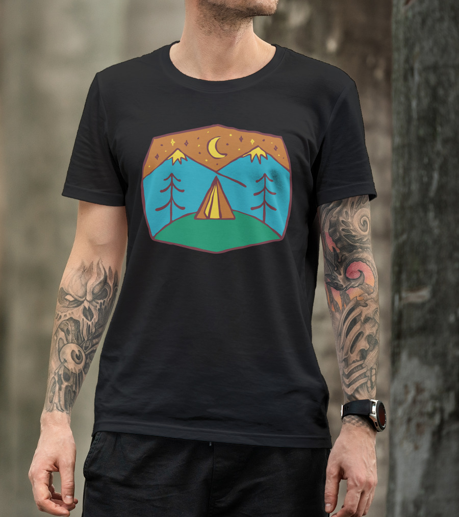 Camp Night Under Crescent Moon With Mountains And Trees T-Shirt