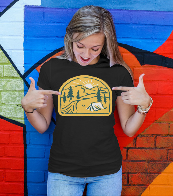 Camp River Hand Drawn Tent Mountain Sunset Pines T-Shirt