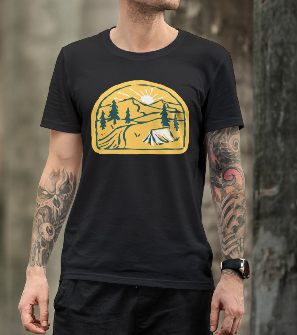 Camp River Hand Drawn Tent Mountain Sunset Pines T-Shirt