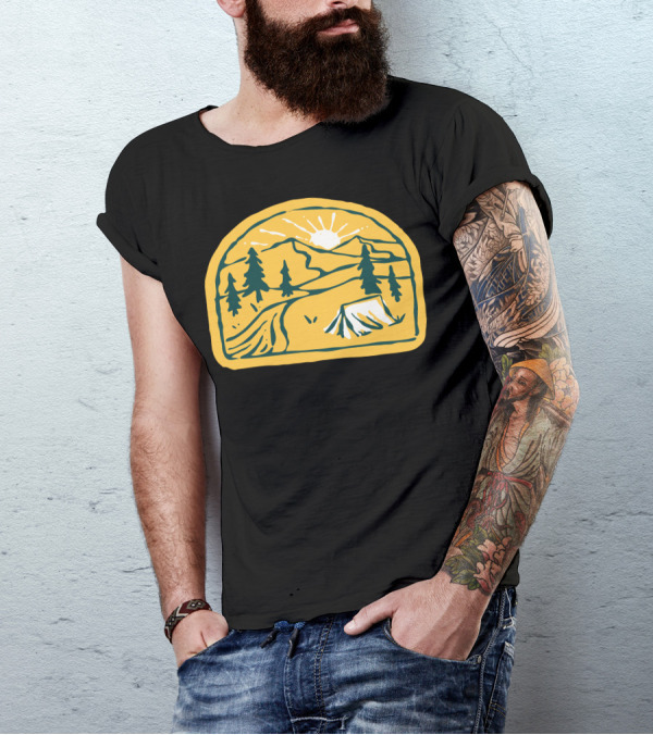 Camp River Hand Drawn Tent Mountain Sunset Pines T-Shirt