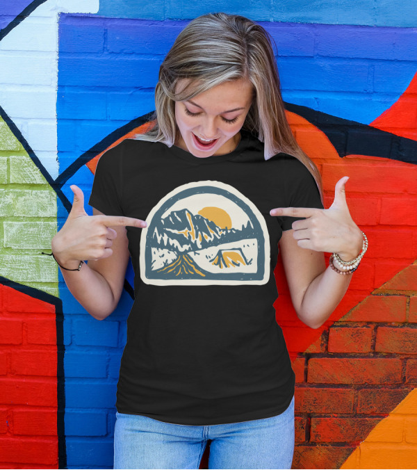 Camping Mountains And Tent Hand Drawn Sun Setting Scene T-Shirt
