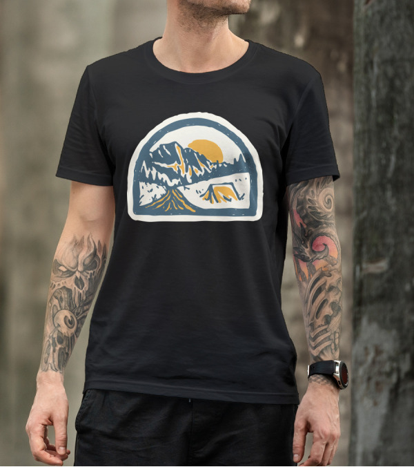 Camping Mountains And Tent Hand Drawn Sun Setting Scene T-Shirt
