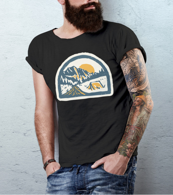 Camping Mountains And Tent Hand Drawn Sun Setting Scene T-Shirt