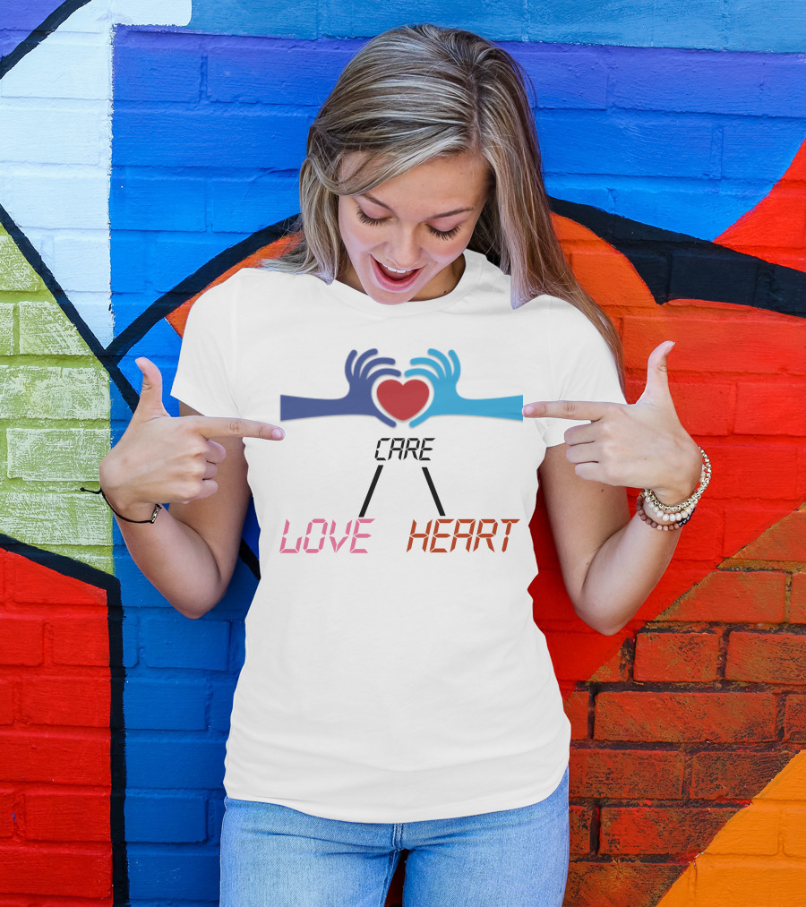 Care Heart Love Hands Red Heart Blue Hands T-Shirt
