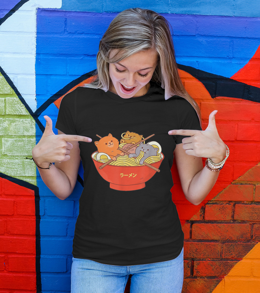Cat Anime Japanese Ramen Bowl Kittens Eating Ramenst T-Shirt