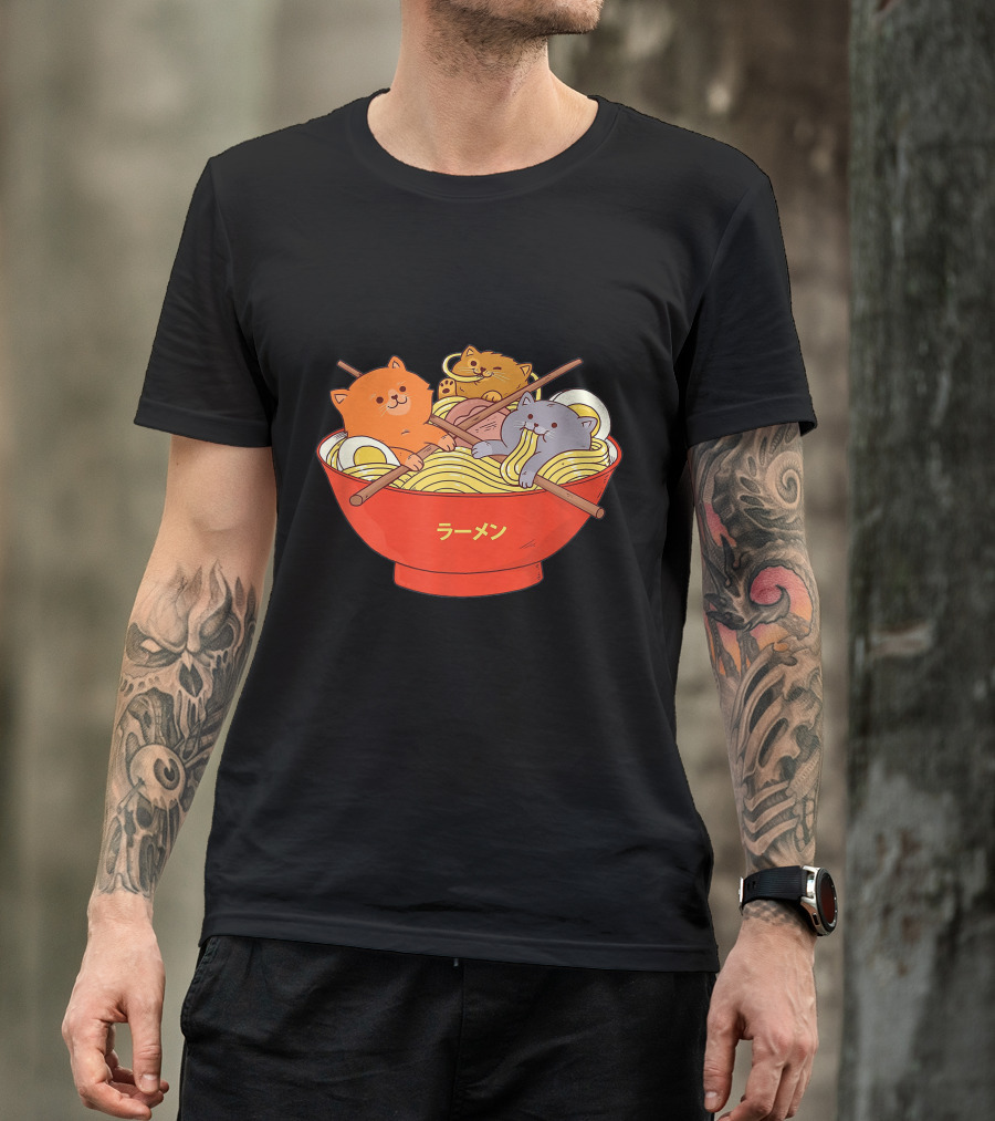 Cat Anime Japanese Ramen Bowl Kittens Eating Ramenst T-Shirt