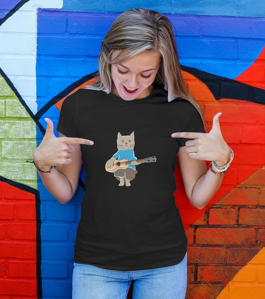 Cat In Blue Shirt Playing Acoustic Guitar T-Shirt