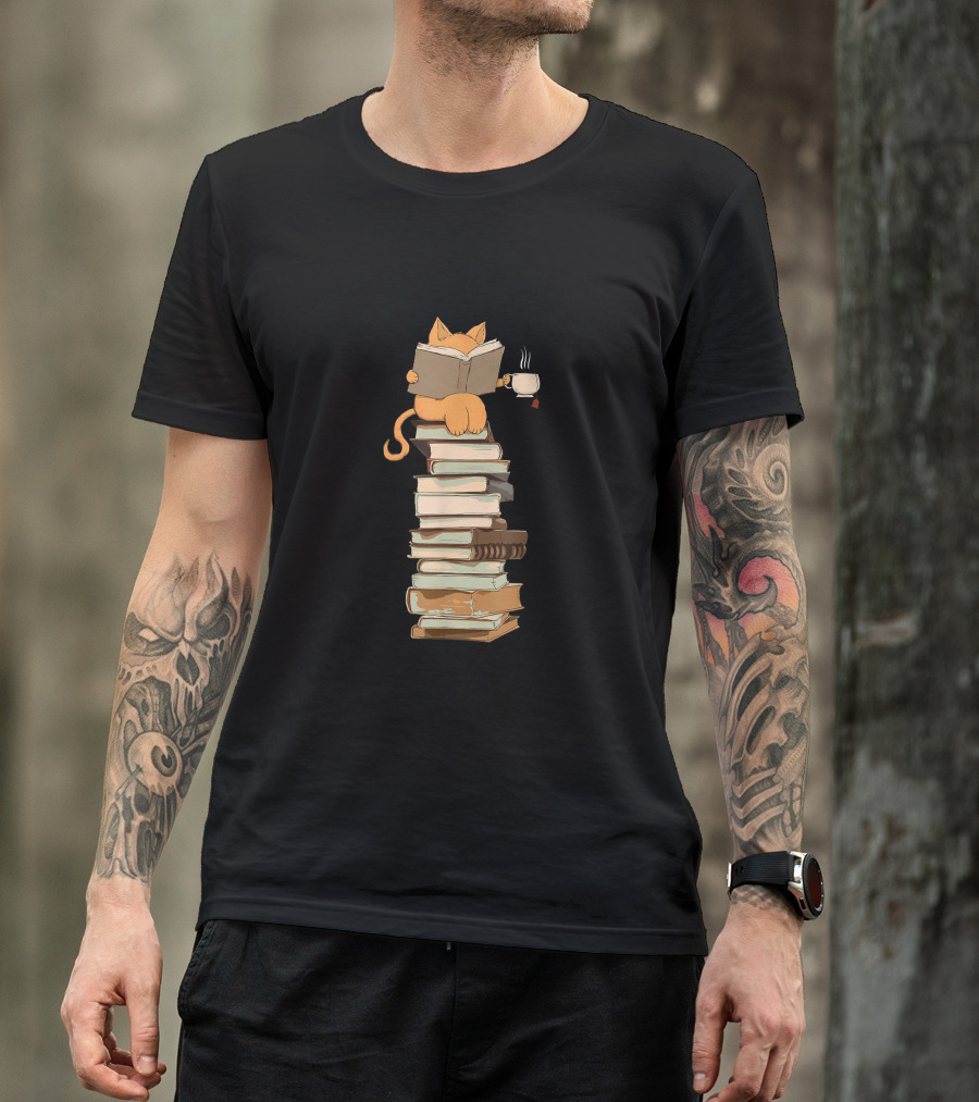 Cat On Books Stack Holding Tea Cup T-Shirt