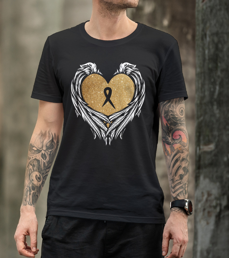 Childhood Cancer Awareness Gold Ribbon Angel Wings Heart T-Shirt