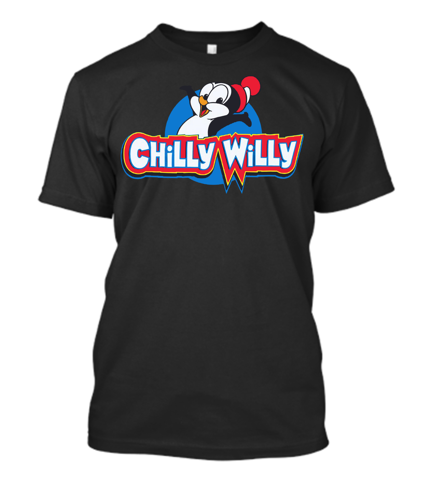 Chilly Willy Penguin Cartoon Character In Red Beanie And Blue Circle T-Shirt