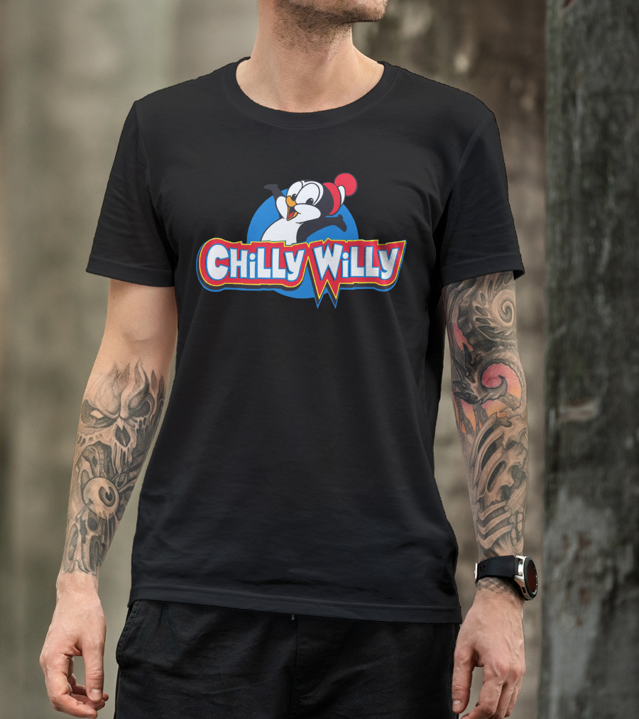 Chilly Willy Penguin Cartoon Character In Red Beanie And Blue Circle T-Shirt