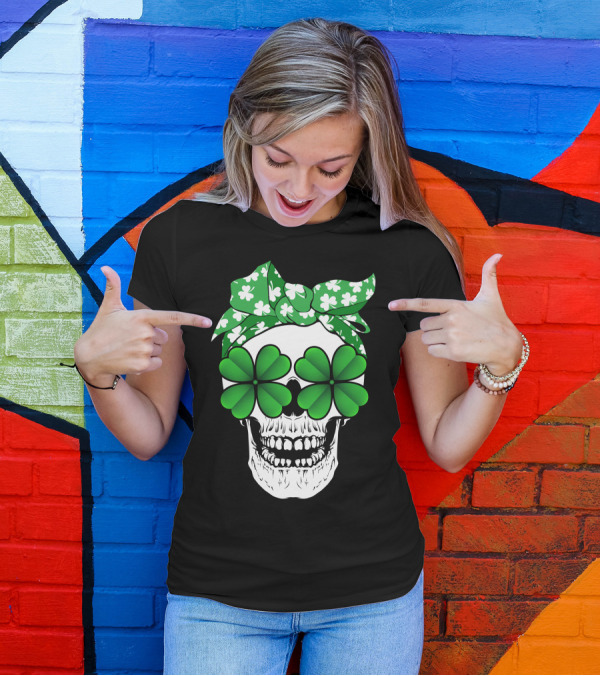 Clover Skull Bandana With Shamrock Glasses T-Shirt